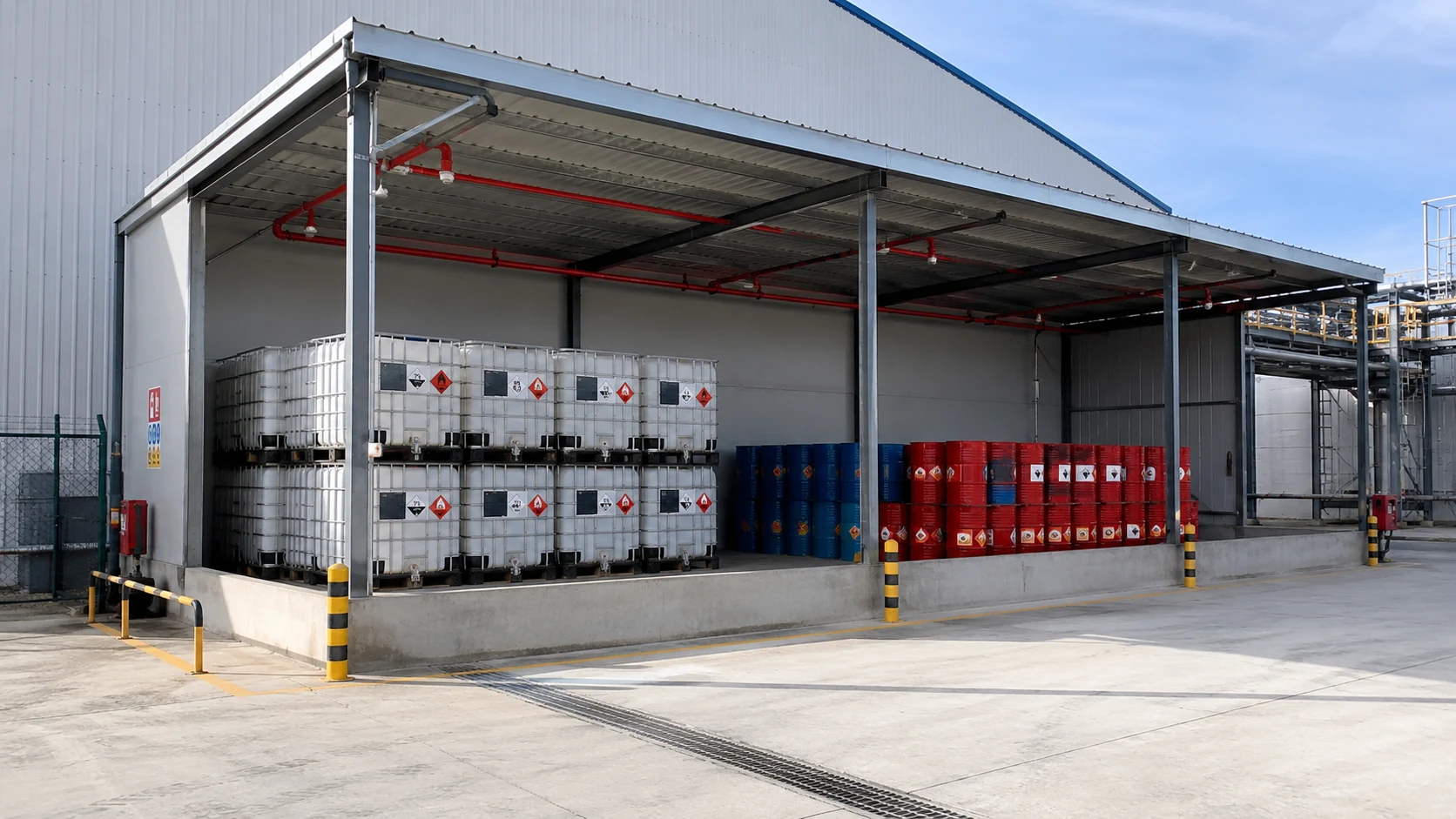 Almacén de productos inflamables con depósitos IBC, bidones y red de protección contra incendios en una planta química