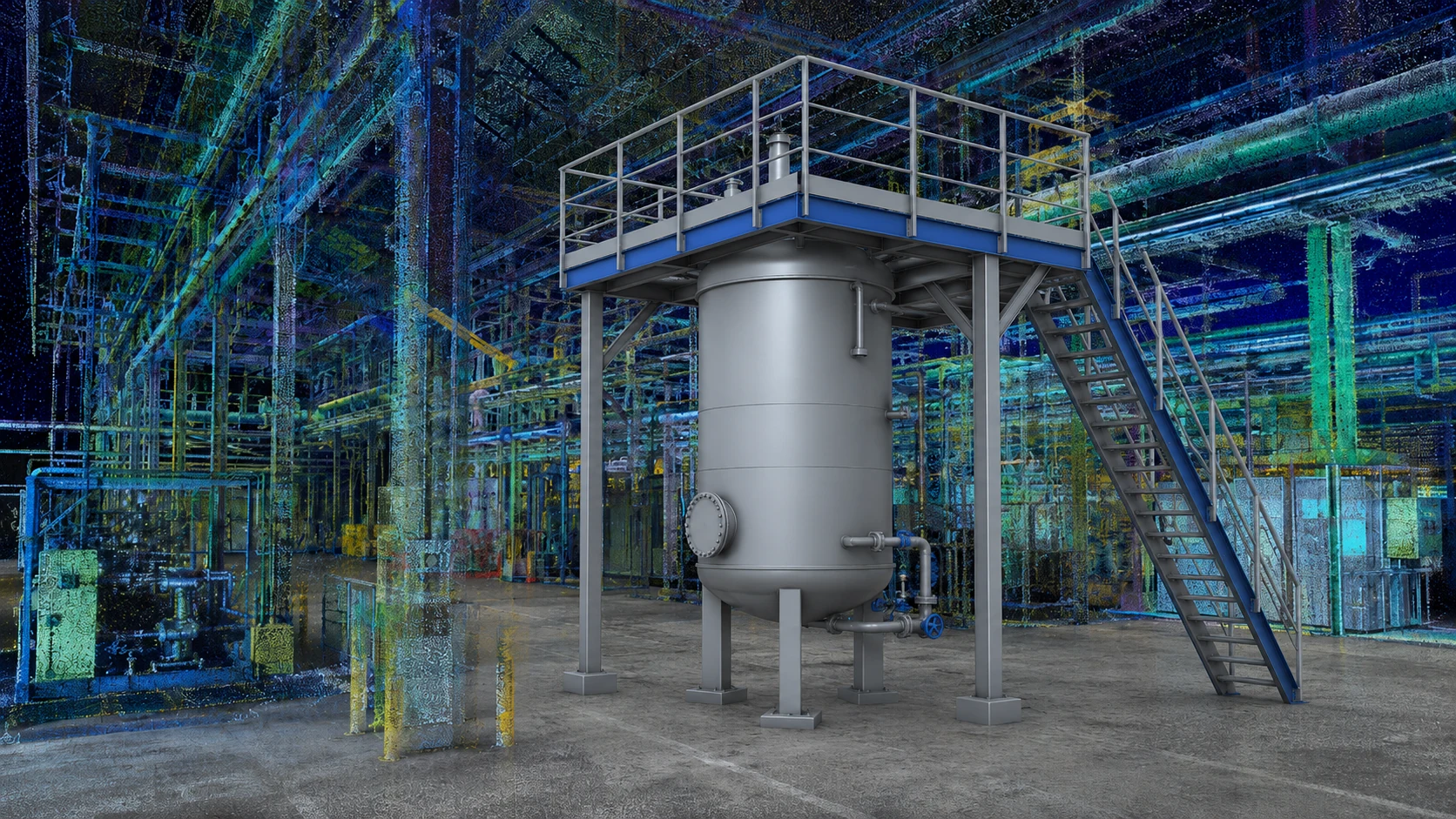 Nube de puntos de una planta industrial con un depósito y una plataforma modelados en CAD