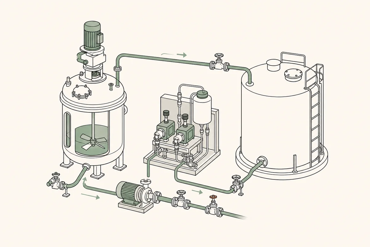 Esquema de un reactor, depósito, bombas y red de tuberías de proceso