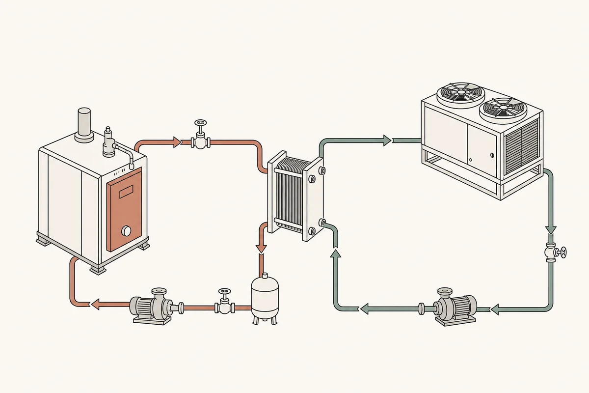 Esquema de una instalación térmica con caldera, intercambiador y circuito de refrigeración