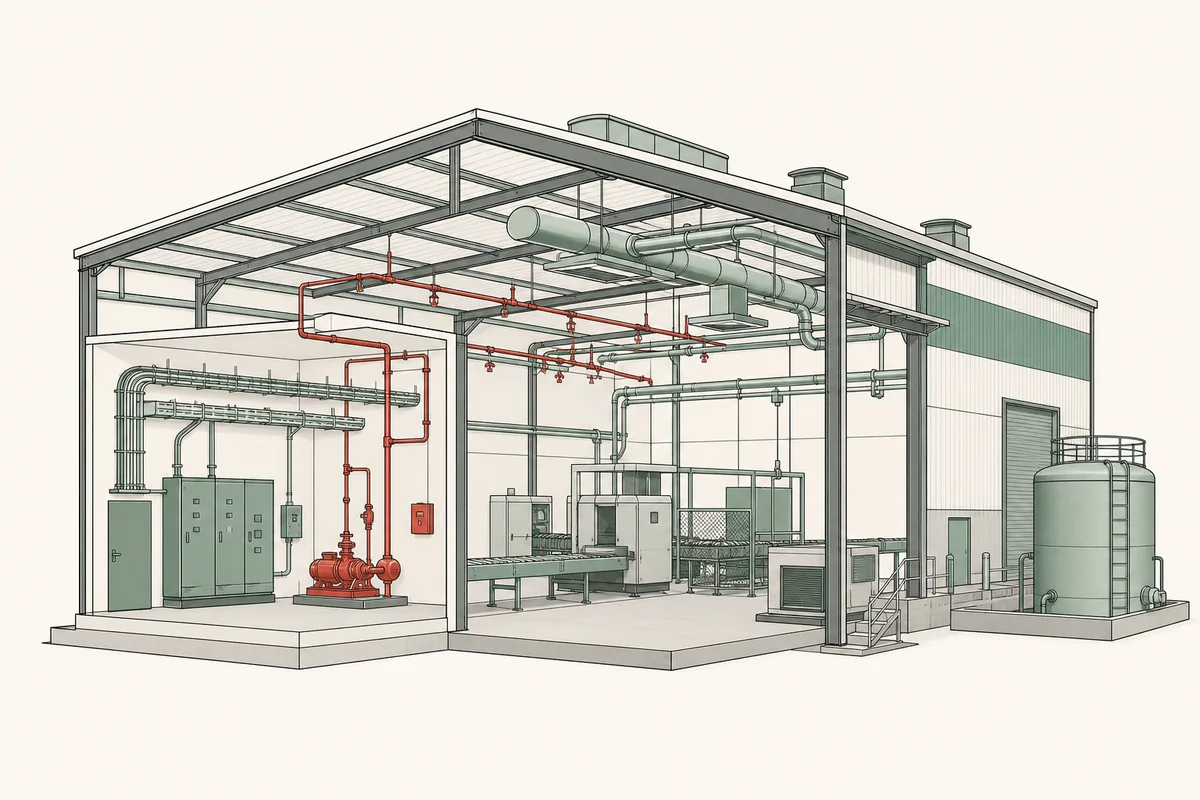 Esquema de una nave industrial con instalaciones eléctricas, térmicas y de protección contra incendios