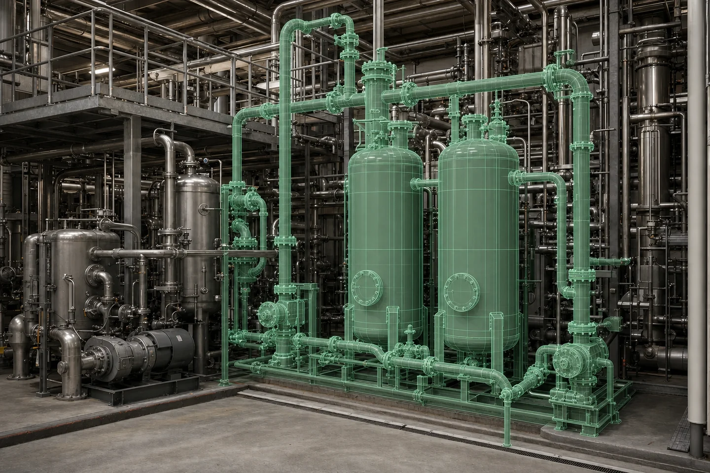 Planta industrial existente con una ampliación de depósitos y tuberías representada como un modelo CAD superpuesto