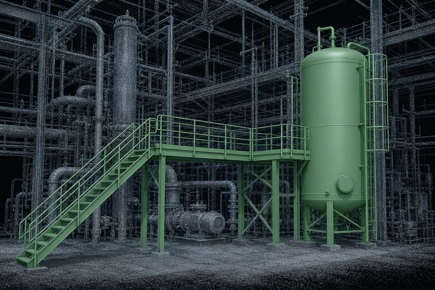 Representación conceptual de una nube de puntos industrial con un depósito y una pasarela nueva modelados en CAD